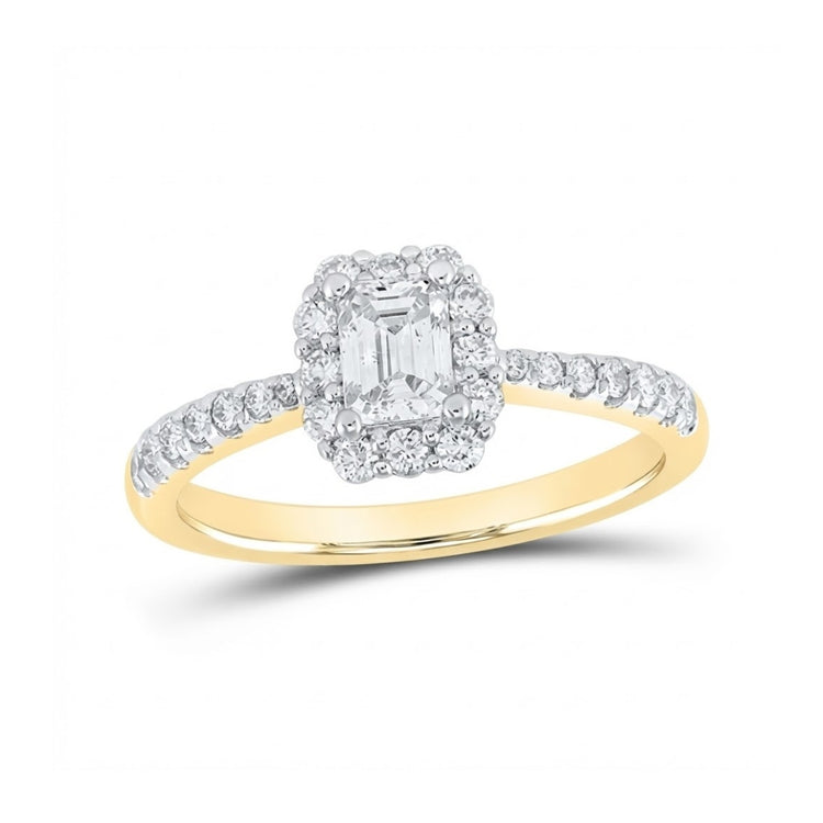 The 14k Gold Emerald Diamond Halo Engagement Ring 7/8 Cttw showcases a rectangular emerald-cut center diamond, haloed by smaller diamonds with extra stones along the band for added brilliance.