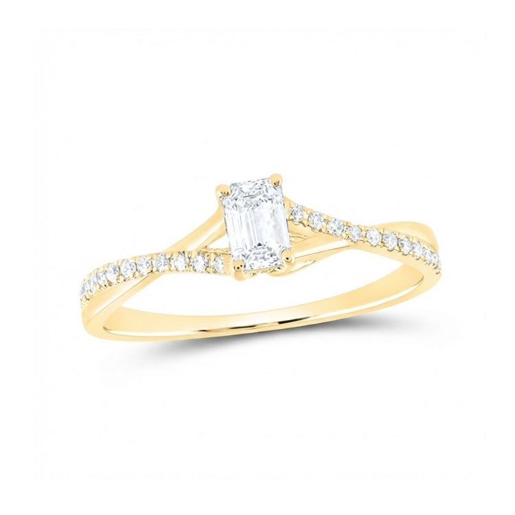 The 3/8 CT Diamond Emerald Engagement Ring in 14k gold showcases an emerald-cut diamond in a four-prong setting, accented by a twisted band with small round diamonds.