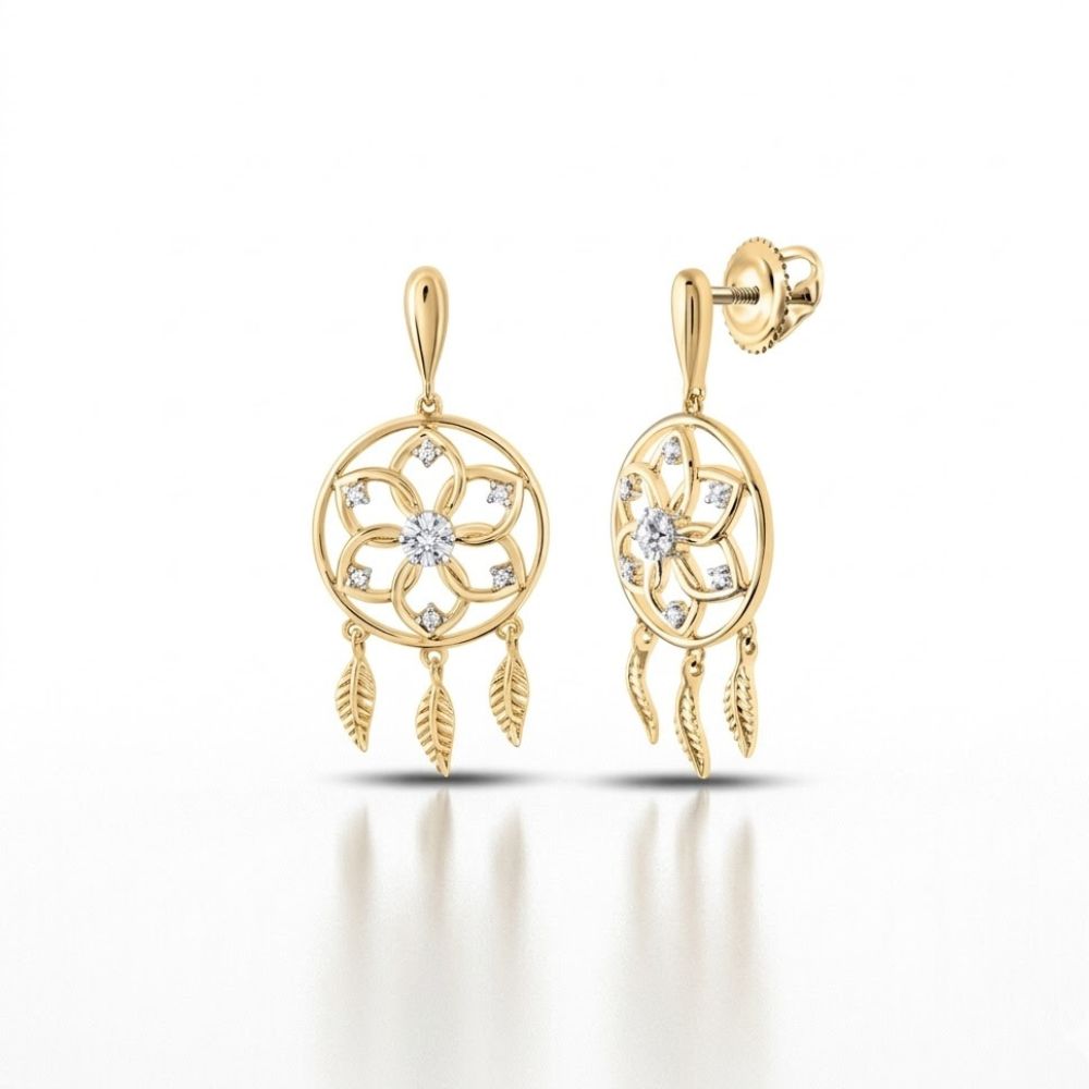 The 10k Gold Diamond Dream Catcher Earrings (1/10 CTTW) feature a central floral motif with sparkling stones and three dangling leaf-shaped pendants, crafted in yellow gold and shown against a white background.