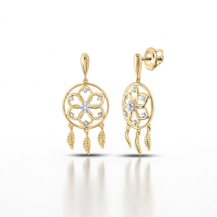 The 10k Gold Diamond Dream Catcher Earrings (1/10 CTTW) feature a central floral motif with sparkling stones and three dangling leaf-shaped pendants, crafted in yellow gold and shown against a white background.