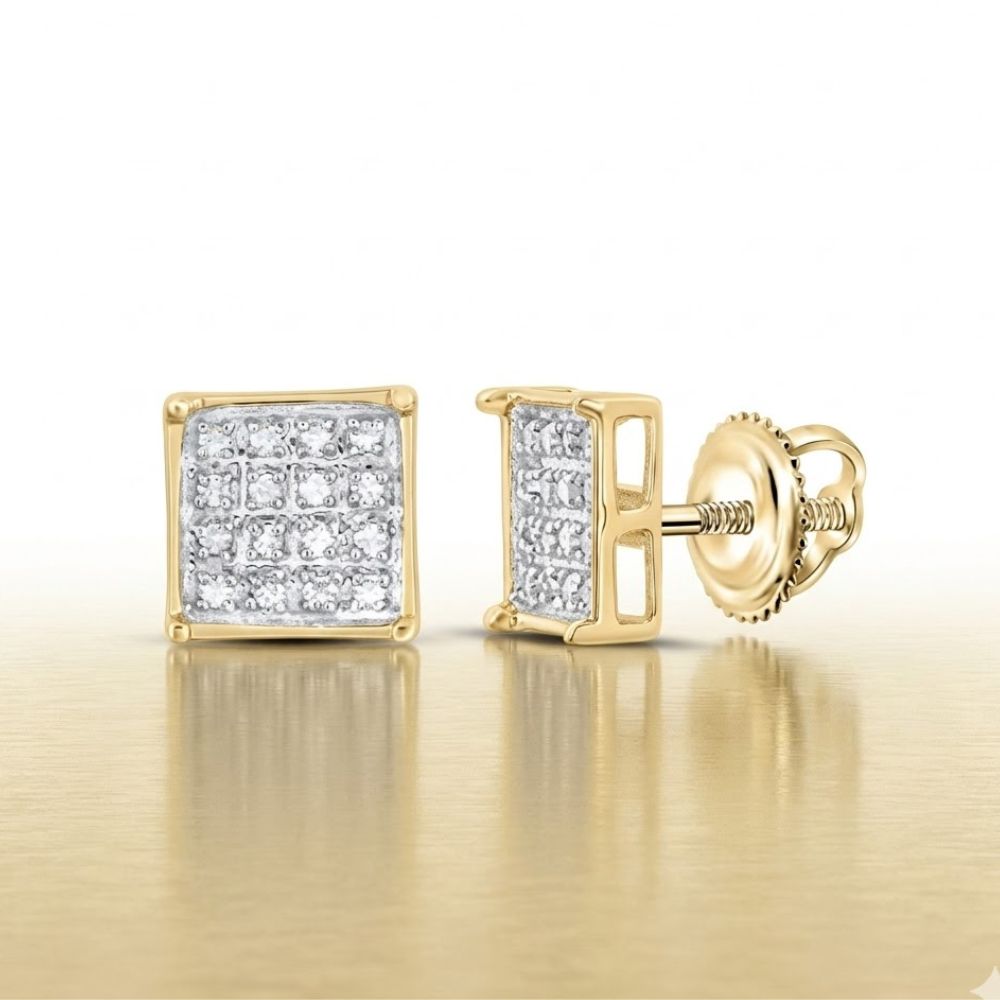A pair of Sterling Silver Diamond Cluster Earrings 1/10 Cttw displayed on a reflective gold surface, with one earring facing front to show the diamond grid and the other angled to reveal its side and screw-back design.