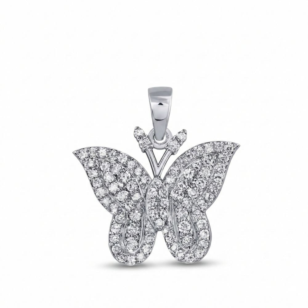 A 1/2 CTW natural diamond butterfly pendant in 10K gold is displayed against a plain white background, highlighting its sparkling elegance.