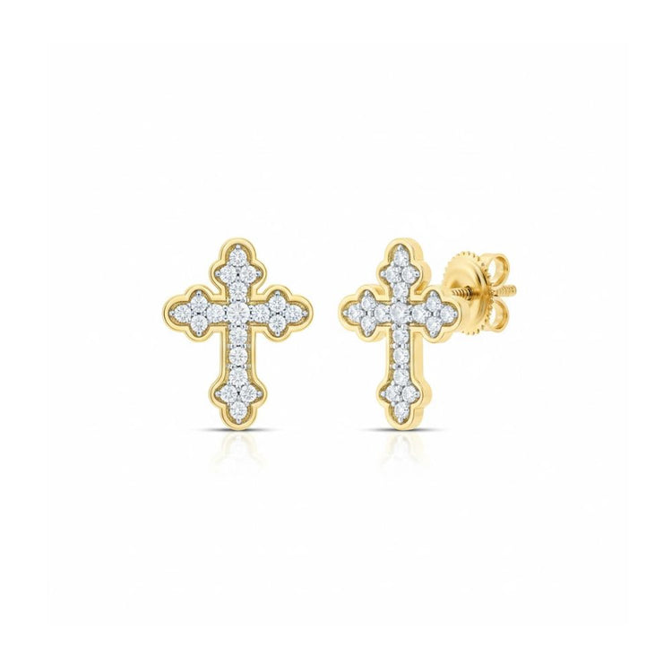 A pair of 10k Gold Diamond Cross Earrings 1/5 Cttw, each featuring sparkling natural diamonds and secure screw-back posts, shown on a white background.
