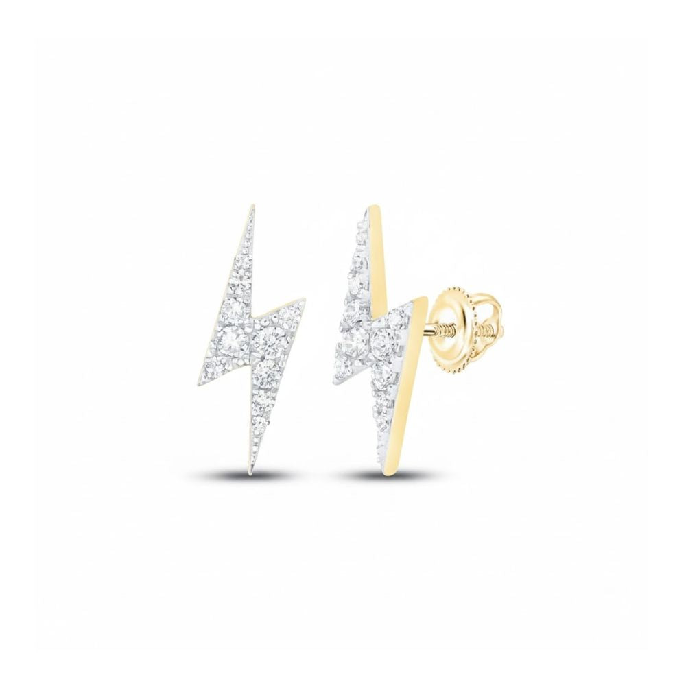 1/6CTW Round Diamond Bolt Lightning Stud Earrings in 10K yellow gold, from Nicole’s Dream Collection, featuring sparkling diamonds, displayed on a white background.