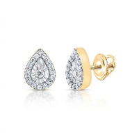 The 1/10CTW Natural Diamond Pear Earrings in 10K gold feature pear-shaped diamond centers and a halo of smaller diamonds, beautifully displayed on a white background.