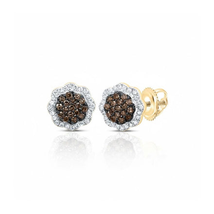 The 1/4 CTW Cognac Diamond Flower Earrings in 10k Gold showcase a flower shape with a cluster of cognac diamonds at the center, bordered by sparkling white stones.