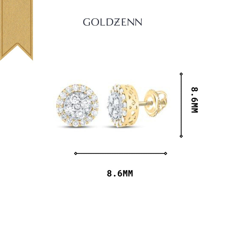 The GOLDZENN 14k Gold Diamond Cluster Earrings, crafted in 14k yellow gold with a screw-back design, feature round diamonds and measure 8.6mm in diameter and height, offering a total diamond weight of 7/8 Cttw.