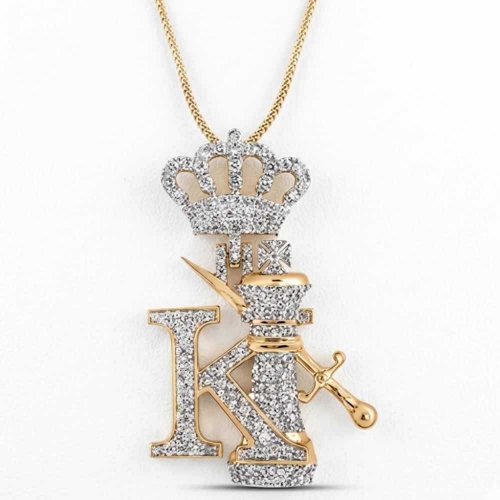 The 10K Gold Diamond King Crown Pendant 1.5CTTW features a diamond-encrusted king crown design, set in 10K yellow gold with sparkling stones, offering a regal touch on a white background.