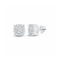 The 10k Gold Diamond Cluster Earrings – 1/8 Cttw showcase a sparkling cluster design in round diamonds with secure screw-back posts, shown from the front and side to highlight their elegant white gold setting.