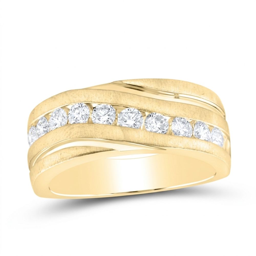 The 10k Gold Diamond Wedding Band Ring 1 Cttw features a polished finish and nine round center-set diamonds, bordered by sleek curved gold bands—an elegant choice for a wedding band.