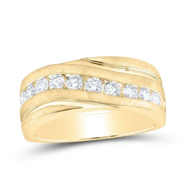 The 10k Gold Diamond Wedding Band Ring 1 Cttw features a polished finish and nine round center-set diamonds, bordered by sleek curved gold bands—an elegant choice for a wedding band.
