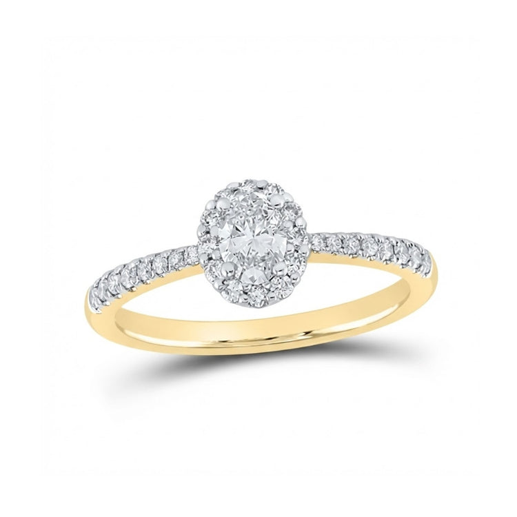 The 14k Gold Oval Diamond Halo Engagement Ring features a sparkling oval center diamond, surrounded by a halo of smaller diamonds and additional diamonds set along the band.