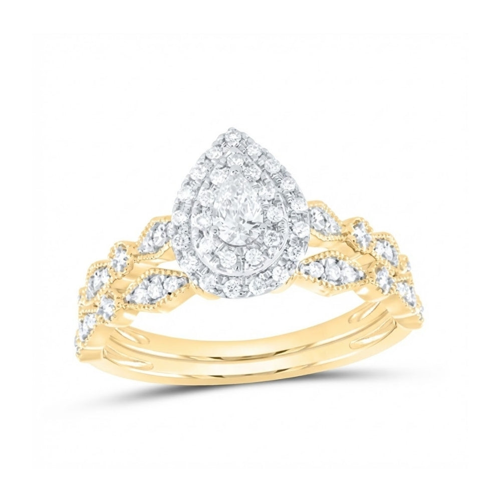 The 10k Gold Pear Diamond Halo Bridal Ring Set 3/8 Cttw features a pear-shaped center stone with a diamond halo, plus marquise and round accents on an intricate band—a stunning choice for weddings.