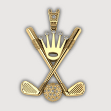  14K gold golf diamond pendant with crossed golf clubs, crown design, and sparkling diamond accents. Ideal luxury accessory for golfers.