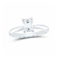 A 3/4CT emerald-cut solitaire ring in 14k white gold, featuring a single natural diamond in a classic four-prong setting, photographed on a white background.