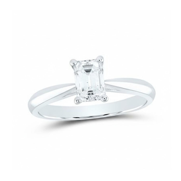 A 3/4CT emerald-cut solitaire ring in 14k white gold, featuring a single natural diamond in a classic four-prong setting, photographed on a white background.