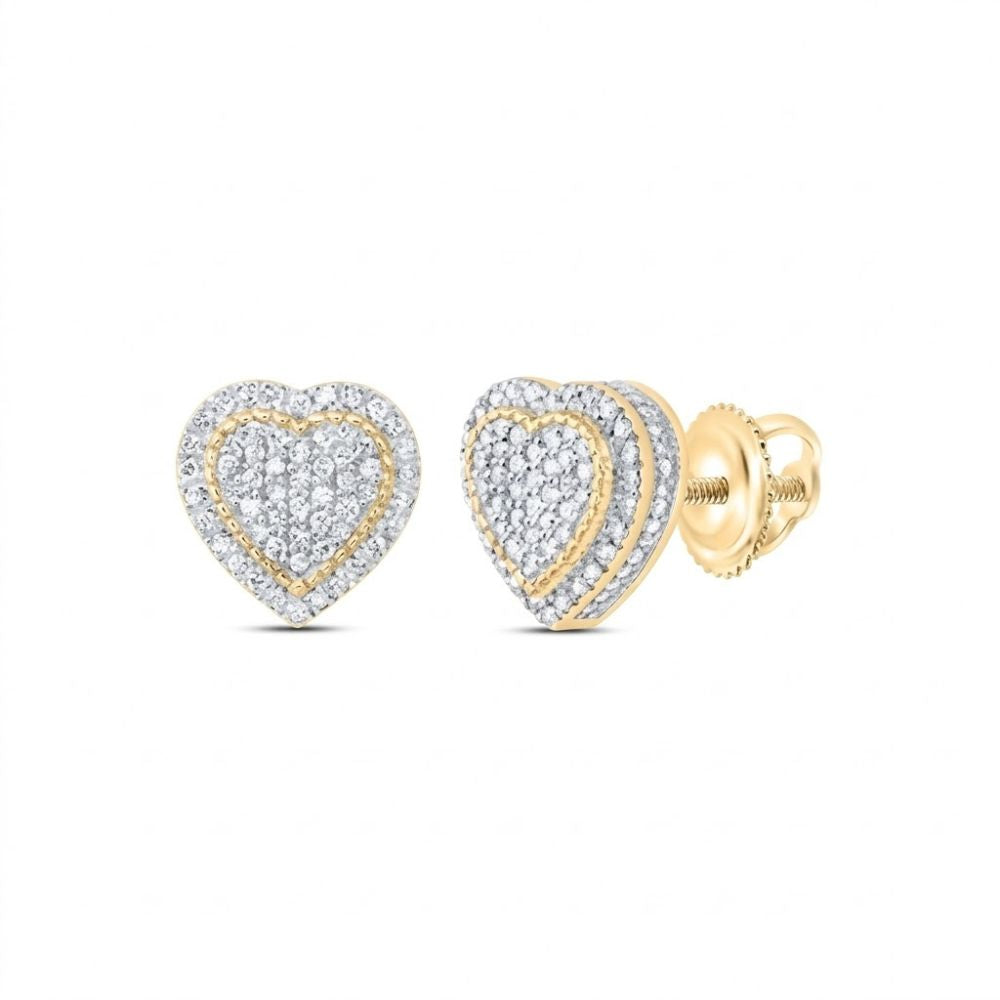 3/8CT Diamond Heart Earrings in 10K yellow gold, featuring two rows of natural diamonds along the border and surface, secured with screw-back closures.