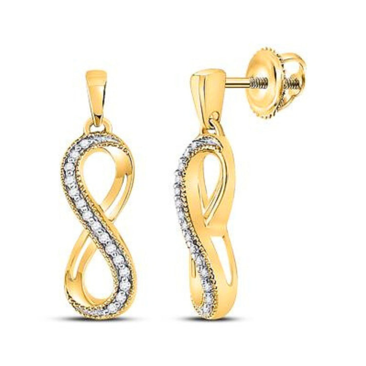 10k Gold Diamond Infinity Dangle Earrings (1/10 CTTW) in yellow gold, featuring diamonds along the front, shown from both front and side views.