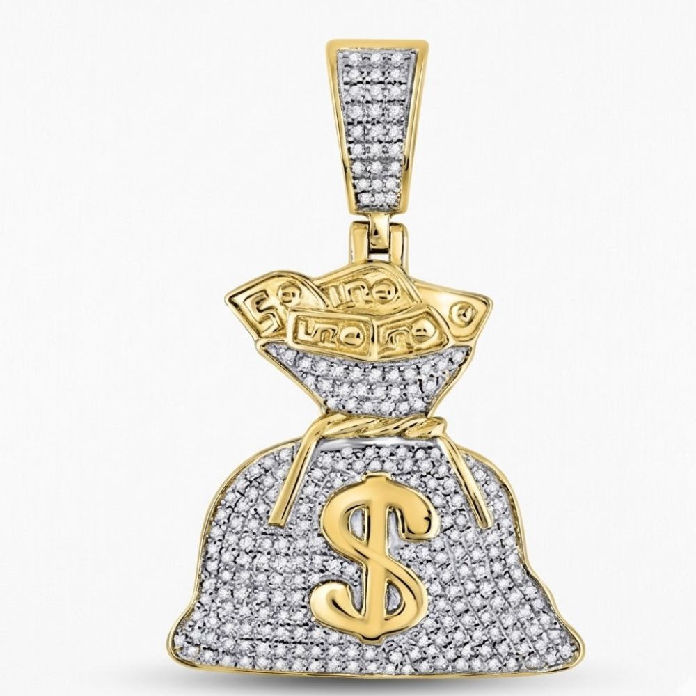 The 10K Gold Diamond Money Bag Pendant 1/2 CTTW features a yellow gold design with sparkling diamonds, a bold dollar sign on the front, and diamond-accented stacks of money for added shine.