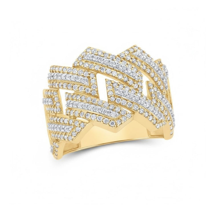 The 10k Two-Tone Gold Round Diamond Band 1-3/8 Cttw showcases an elegant overlapping zigzag design with rows of sparkling round diamonds—an exquisite and stylish wedding band choice.