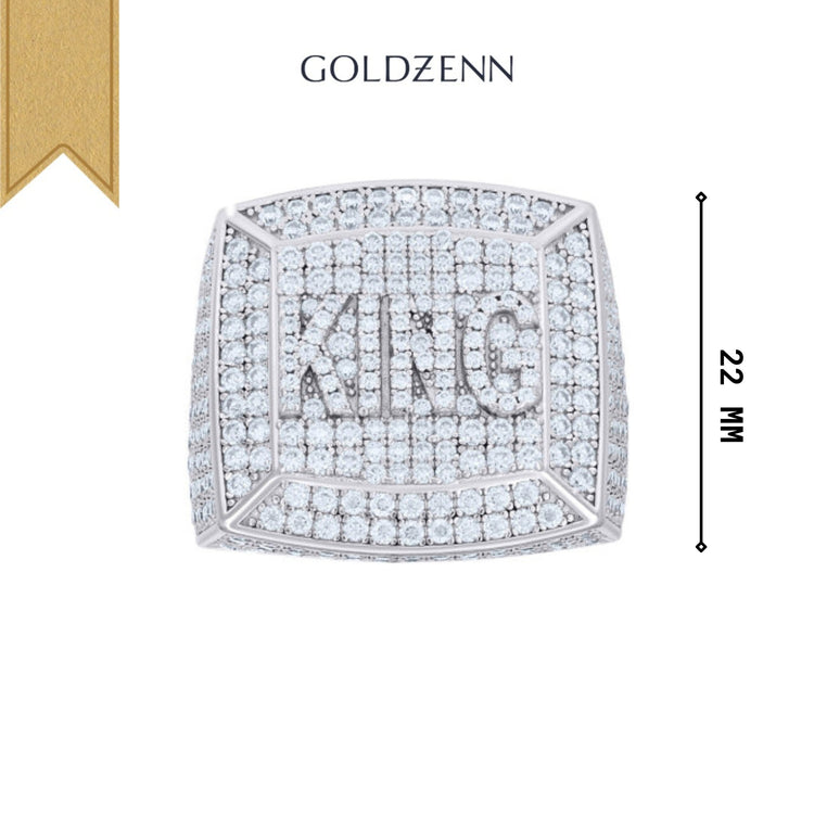 The Moissanite KING Square Head Fashion Ring has a 22 mm height, diamonds on the band, bold KING engraving, GOLDZENN branding above, and a gold ribbon in the top left corner.