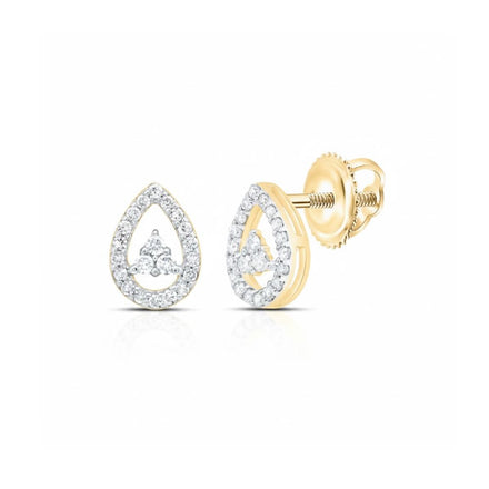 The 10k Gold Pear Diamond Earrings 1/6 CTW feature natural diamonds in pear-shaped gold frames with open teardrop centers, a trio of center diamonds, and secure screw-back posts.
