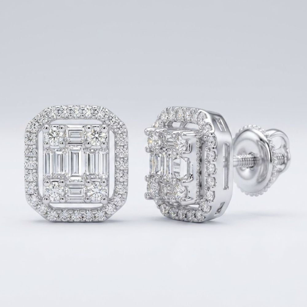 The 10k Gold Baguette Diamond Cluster Earrings (1/2 Cttw) feature a square design with round and baguette diamonds in white gold and secure screw-back posts, shown on a light gray background.