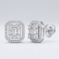 The 10k Gold Baguette Diamond Cluster Earrings (1/2 Cttw) feature a square design with round and baguette diamonds in white gold and secure screw-back posts, shown on a light gray background.