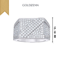 The Moissanite Square Head Fashion Ring by GOLDZENN is a wide sterling silver ring with rows of sparkling white stones, 15.10 mm high. Displayed on a white background with the brand name above the ring.