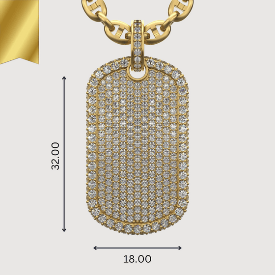 Gold dog tag pendant with 2.87 CTW diamonds, featuring chain detail, showcasing luxury and elegance.