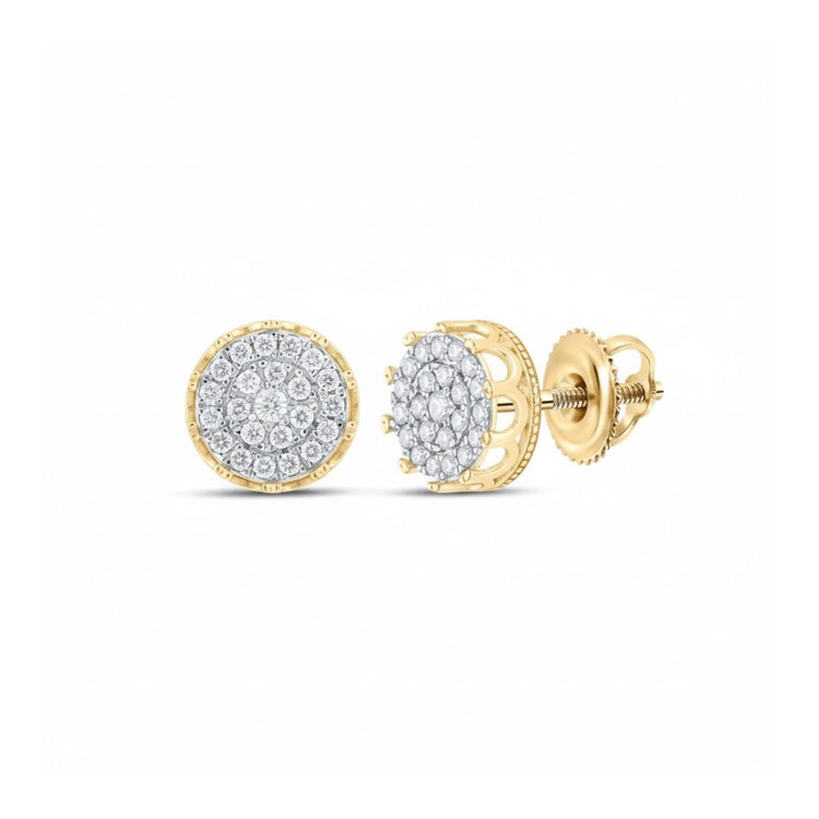 10k Gold Round Diamond Cluster Earrings 1 Cttw feature sparkling diamonds in a round design and a secure screw-back closure.