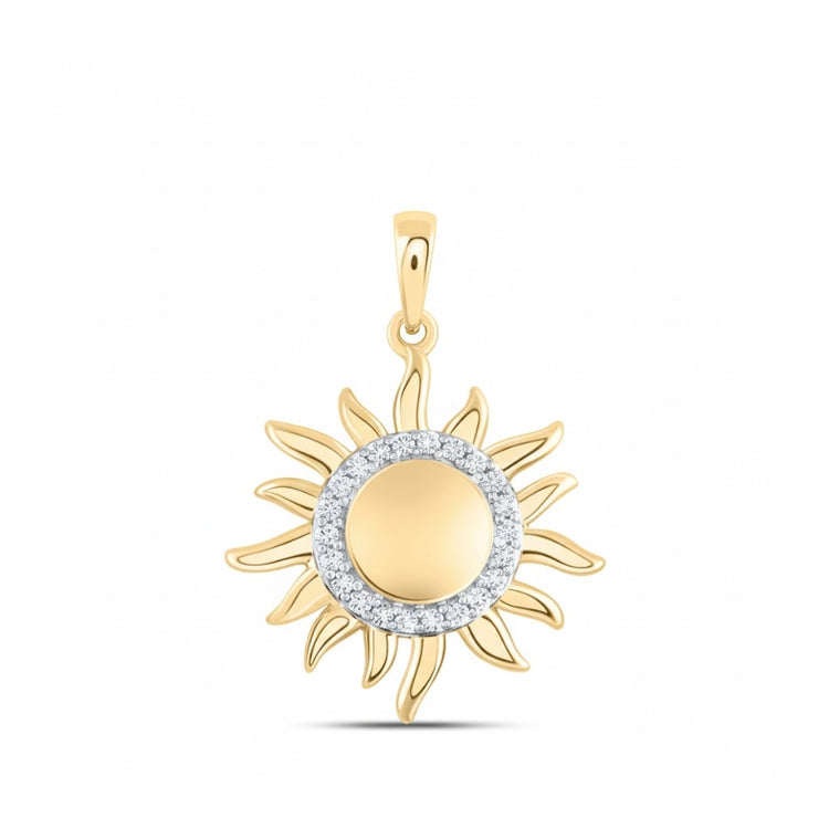 The 10k Yellow Gold Diamond Gift Pendant 1/10 Cttw features a sun shape with wavy rays, a smooth center, and a ring of sparkling natural diamonds, beautifully displayed on a plain white background.
