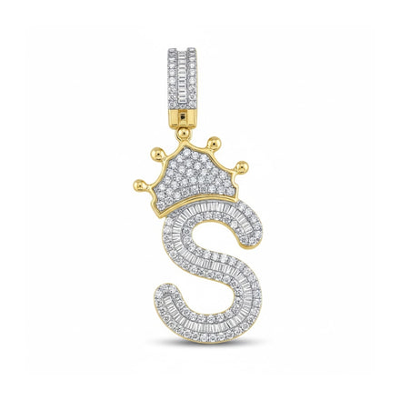 The 10k Gold Baguette Diamond Crown S Pendant (3/4 Cttw) features an S-shaped charm in yellow gold, encrusted with baguette and round diamonds, and topped with a dazzling crown design. The diamond-studded bail adds extra sparkle.