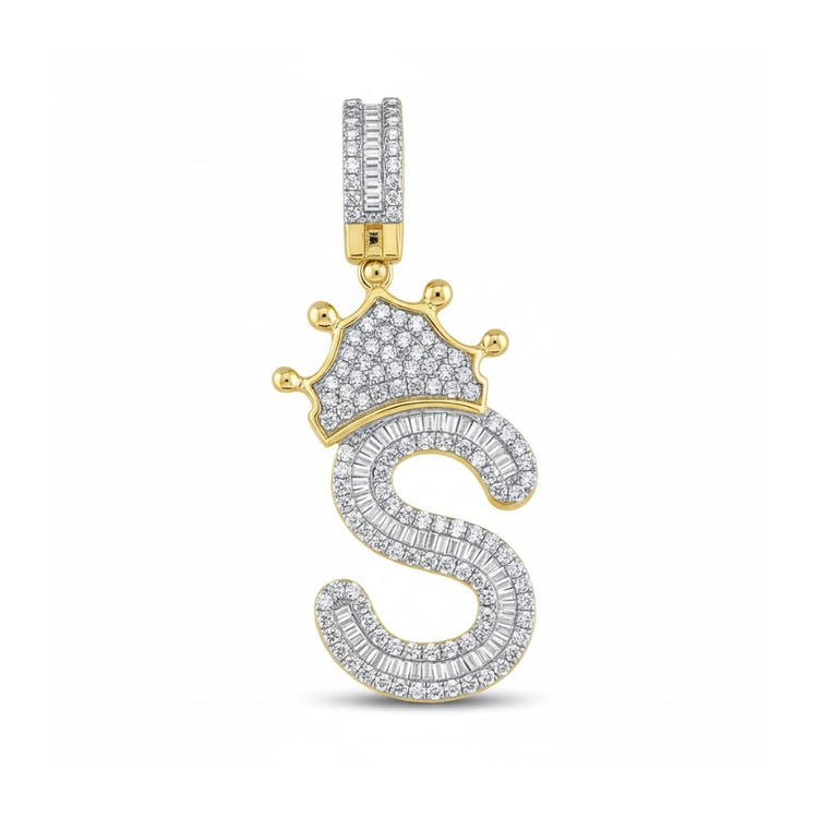 The 10k Gold Baguette Diamond Crown S Pendant (3/4 Cttw) features an S-shaped charm in yellow gold, encrusted with baguette and round diamonds, and topped with a dazzling crown design. The diamond-studded bail adds extra sparkle.