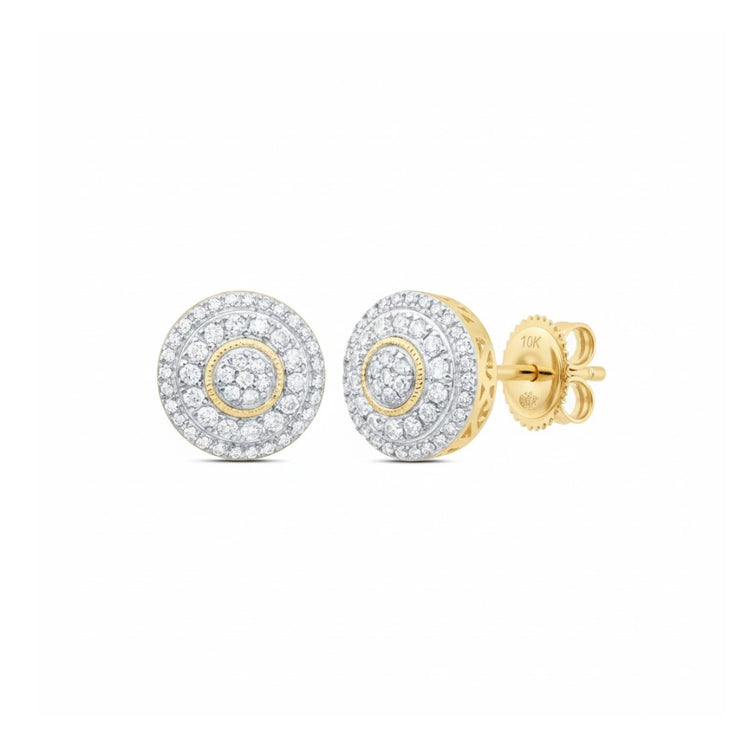 The 10k Gold Men’s Round Diamond Earrings 5/8 Cttw feature natural diamonds in concentric circles with a bold double halo design and secure gold screw-back posts—an elegant choice for men’s natural diamond earrings.