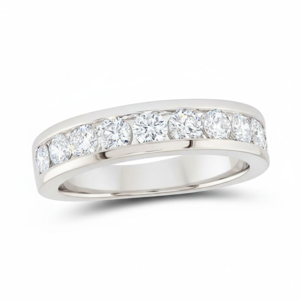 The 14k Gold Round Diamond Single Row Wedding Band 1 3/4 Cttw features a channel-set row of sparkling round diamonds, elegantly displayed on a plain white background.