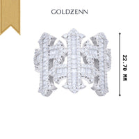 The GOLDZENN Baguette Moissanite Cross Religious Ring features a wide, ornate silver design with geometric patterns and sparkling baguette-cut moissanite. Measuring 22.70mm high, it beautifully symbolizes faith and unique elegance.