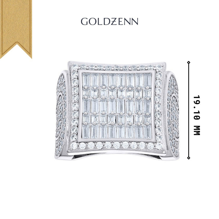 The 2.14ct Baguette Moissanite Square Head Fashion Ring is a wide sterling silver band with a square face adorned with rectangular and round moissanite stones. GOLDZENN appears above, with a gold ribbon in the top left; size is 19.10 mm.