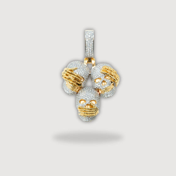 14k Gold Hear No Evil, See No Evil, Speak No Evil Skull Pendant with intricate design and craftsmanship, featuring three symbolic skulls.