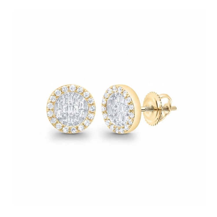 The 1/3CTW Round Baguette Diamond Earrings in 10K Gold feature a central cluster of baguette and round diamonds, a halo of smaller stones, and secure screw-back closures.