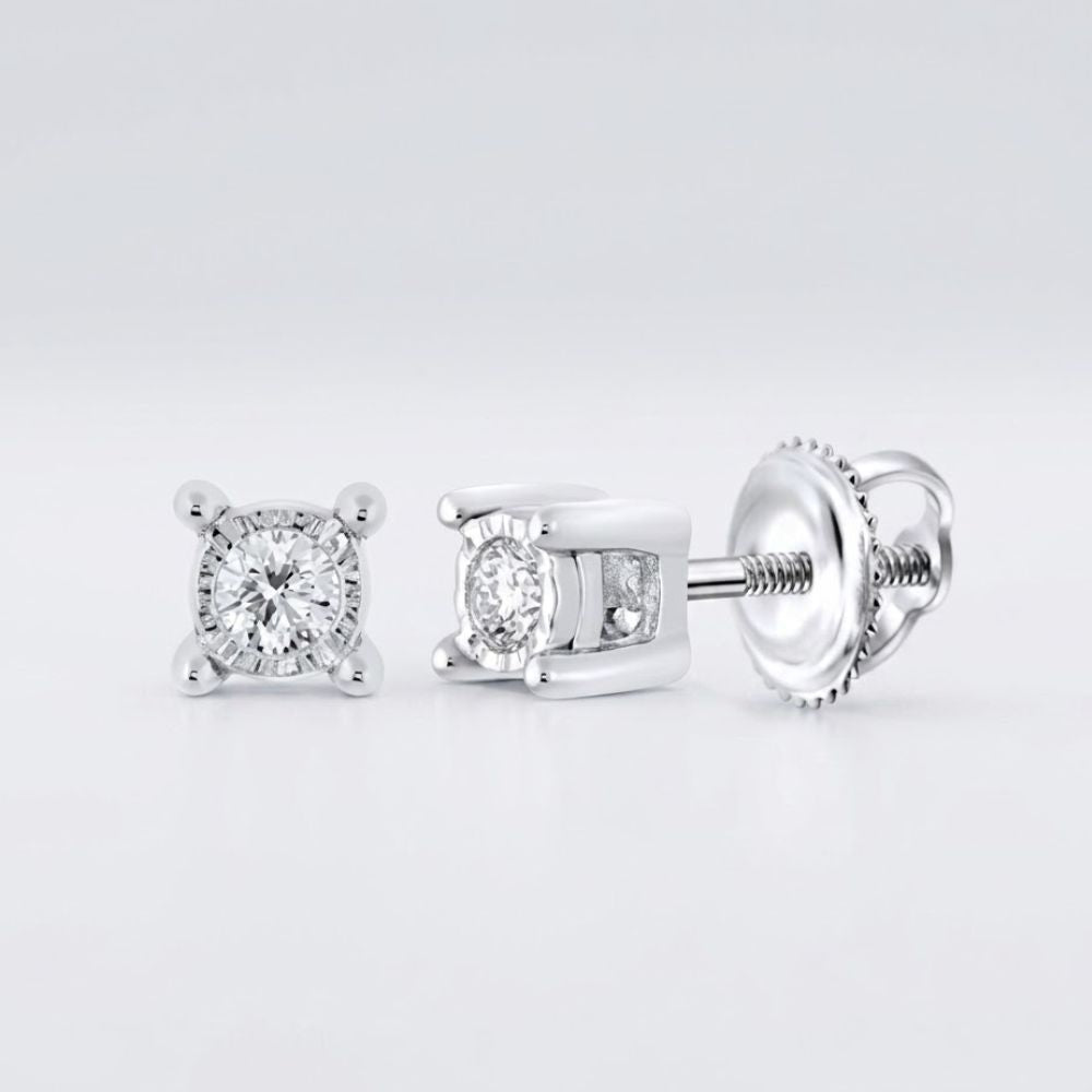 10K Gold Round Diamond Stud Earrings 1/10 CTTW with prong settings and screw-back posts, shown on a plain white background.