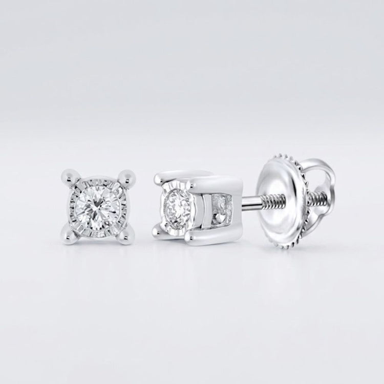 10K Gold Round Diamond Stud Earrings 1/10 CTTW with prong settings and screw-back posts, shown on a plain white background.
