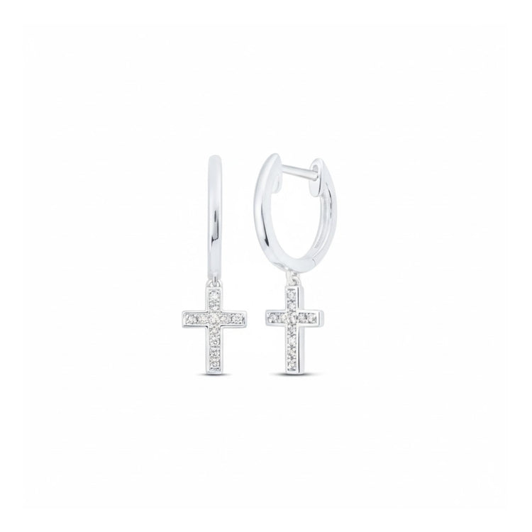 These 1/20CTW round diamond cross dangle hoop earrings in 10K yellow gold feature sparkling cross charms for a touch of elegance.