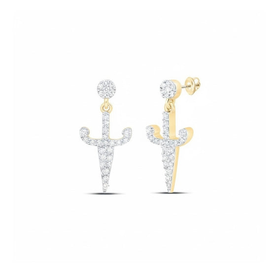 Pendientes de aro de diamante redondo de 1/5CTW con forma de daga para hombre - Oro amarillo de 10K