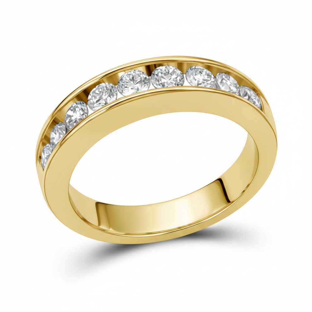 The 14k Gold Round Diamond Wedding Channel Set Band 1 Cttw features a row of sparkling round diamonds in a classic channel setting, showcased on a white background.