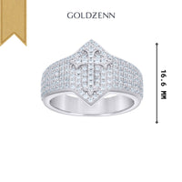 The 0.97ct Moissanite Cross Religious Ring by GOLDZENN is a silver ring adorned with small diamonds, featuring a cross motif at the center and measuring 16.6 mm tall—a striking piece of spiritual jewelry.