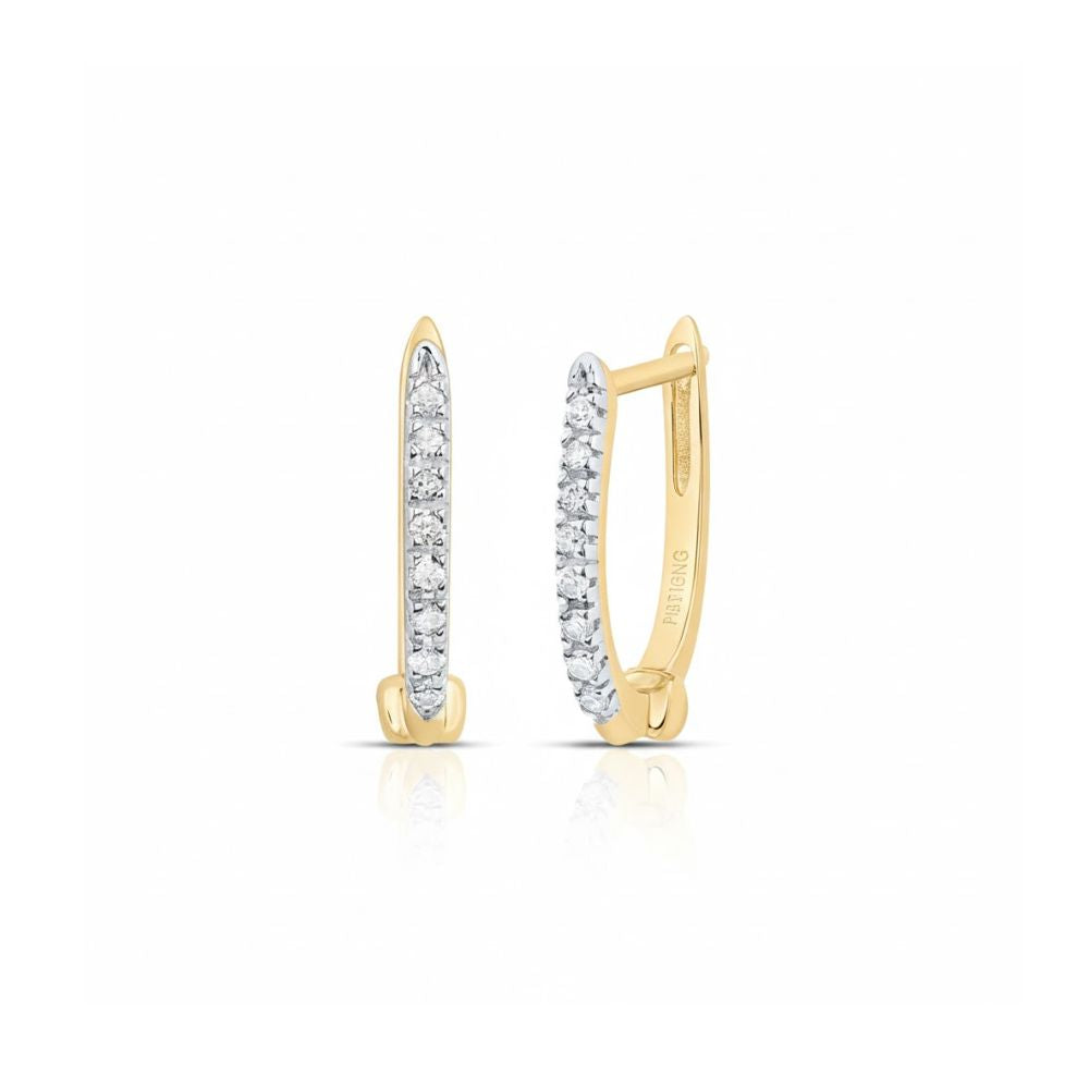 A pair of 10k Gold Round Diamond Hoop Earrings 1/12 Cttw with sparkling round diamonds in a single row along the front, shown against a white background.