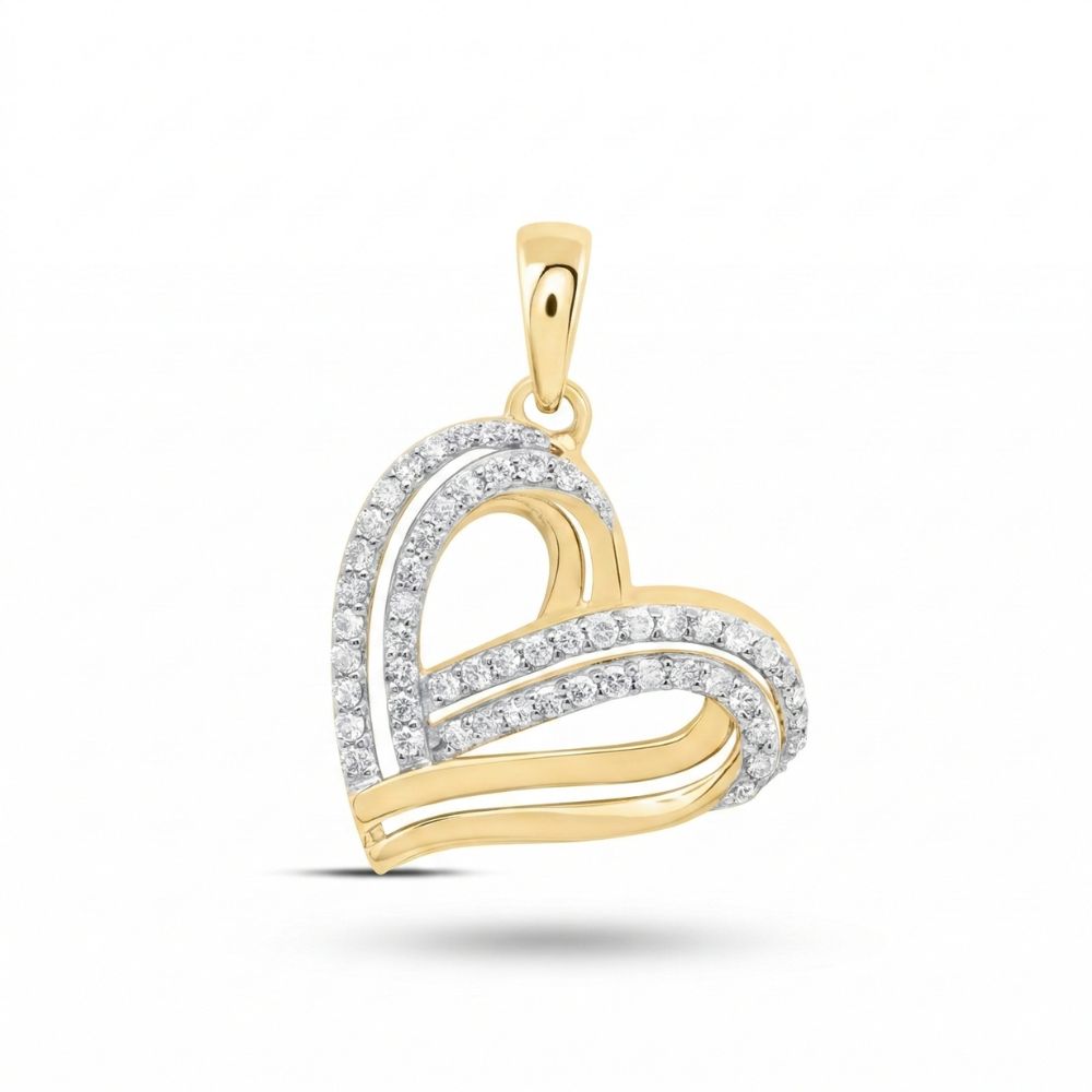 The 1/3CTW Diamond Gift Heart Pendant in 10K Gold showcases two intertwined open heart curves, sparkling white diamonds, a polished finish, and an easy-to-use loop—making it the perfect elegant gift necklace.