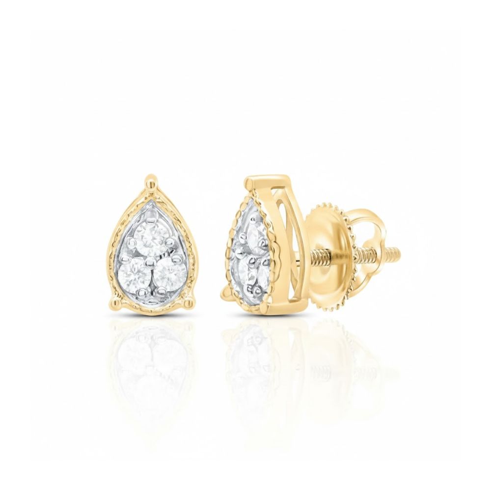 The 1/8CT Pear Diamond Earrings in 10k Gold feature teardrop-shaped settings with clustered natural diamonds and secure screw-back closures.