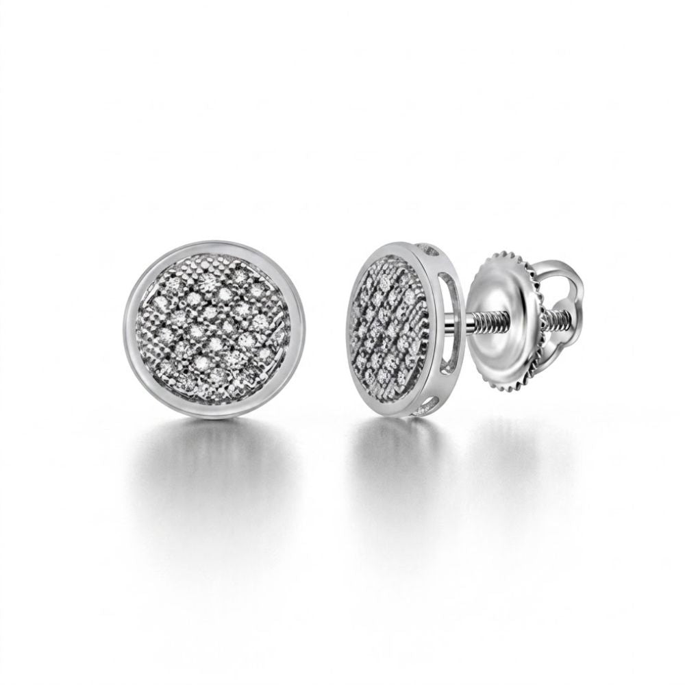 Sterling Silver Diamond Circle Earrings 1/6 Cttw with pavé-set diamonds, round design, and secure screw-back closure, shown on a white background.